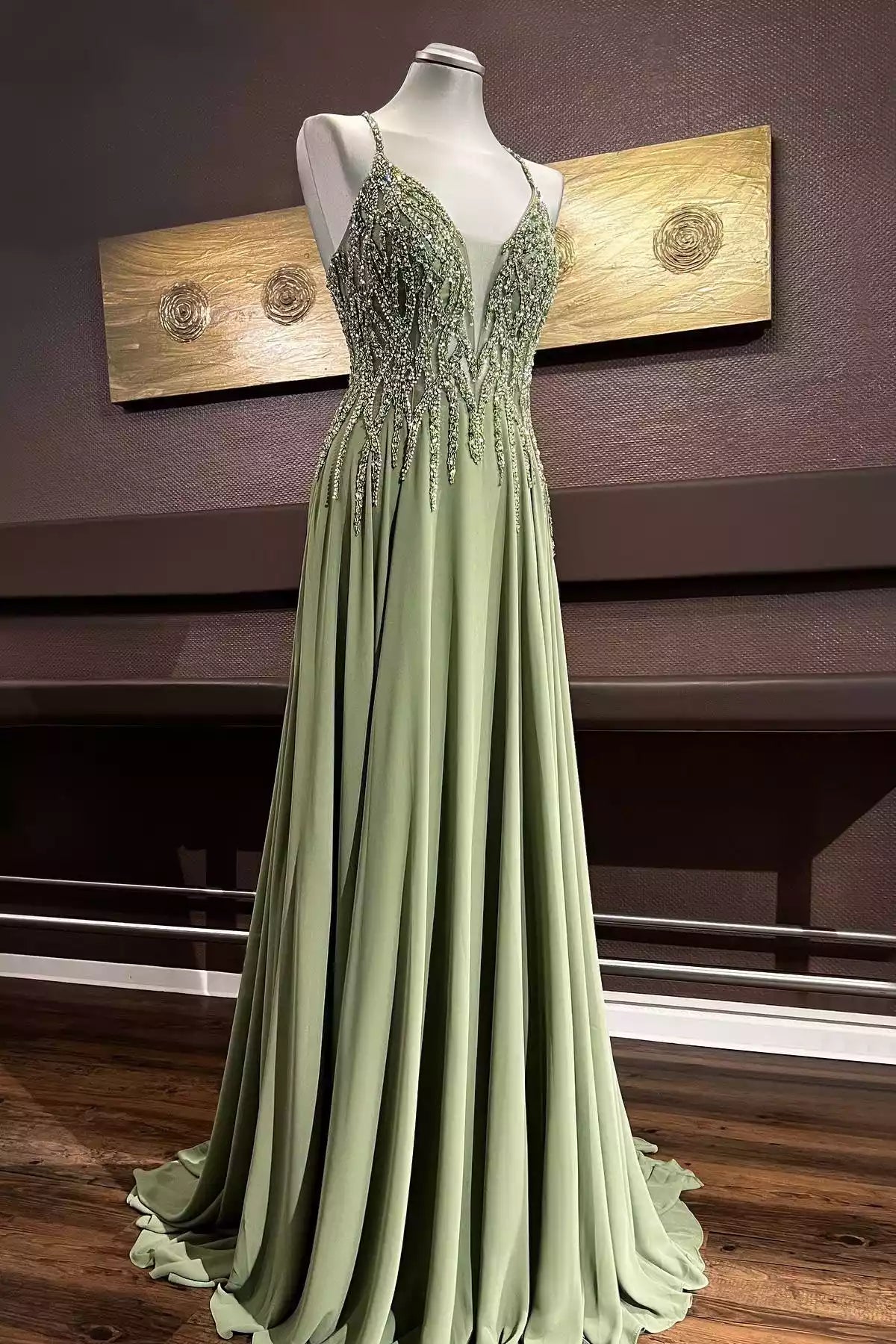 Sage Green Beaded Chiffon Crisscross-Back Gown – Elegant & Glittering Evening Party Dress