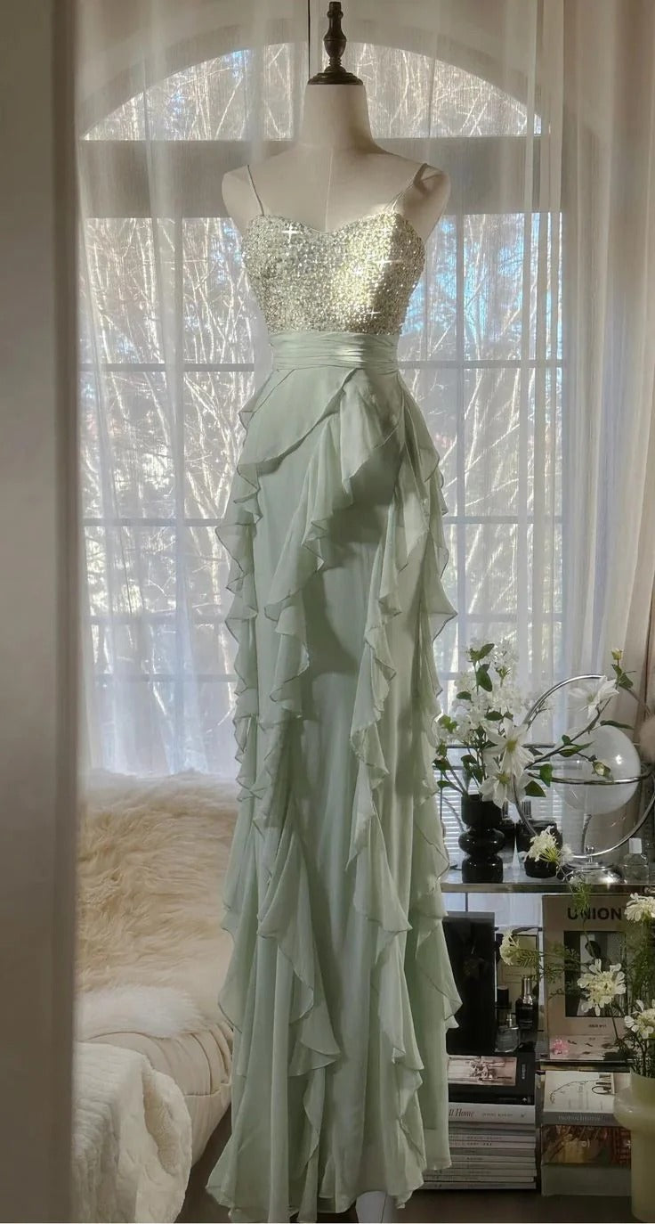 Sage Green Beaded Ruffled Maxi Gown – Spaghetti Strap Formal Prom Dress