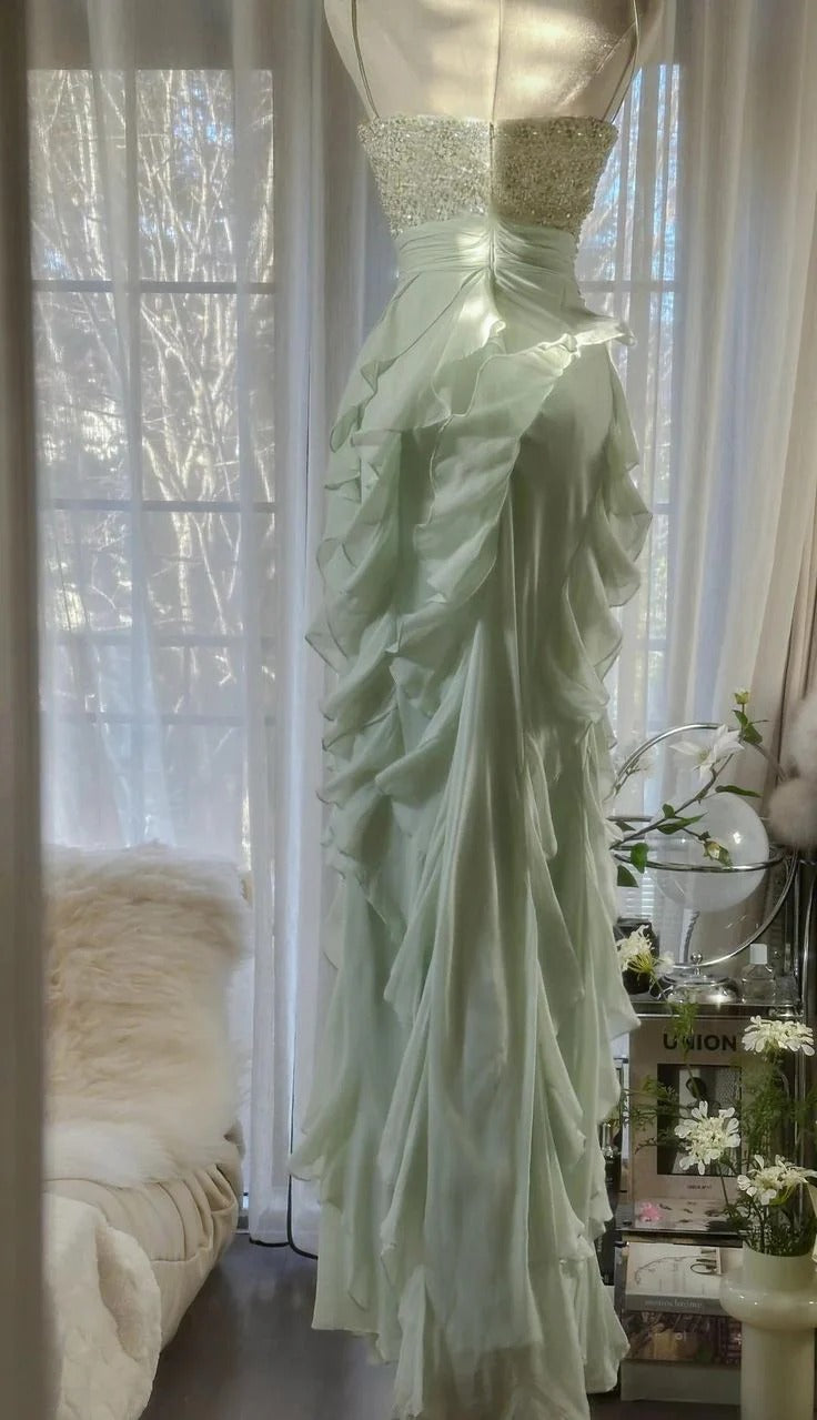 Sage Green Beaded Ruffled Maxi Gown – Spaghetti Strap Formal Prom Dress