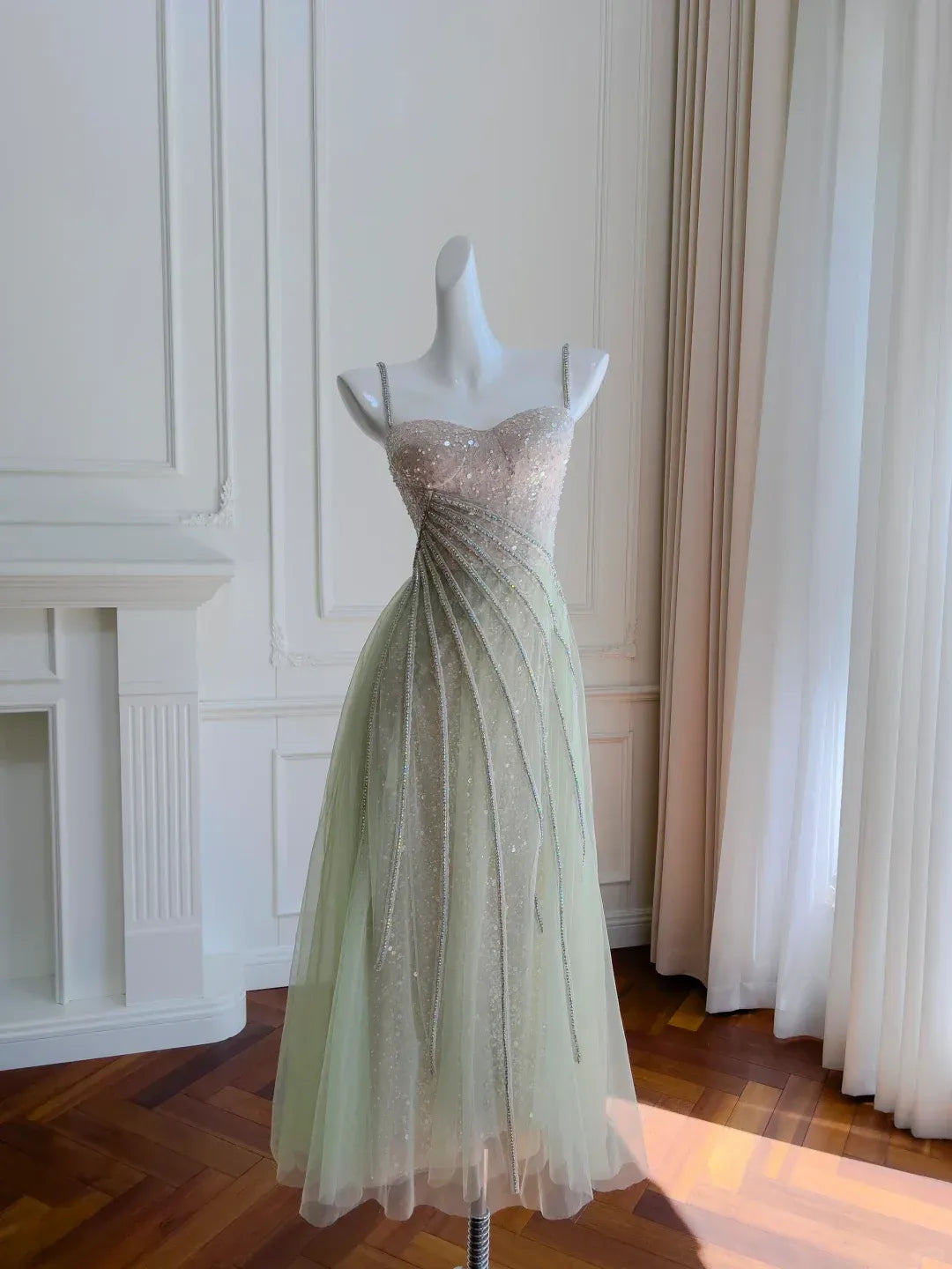 Sage Green Beaded Tulle Midi Dress – Spaghetti Strap Sweetheart Neckline Formal Gown