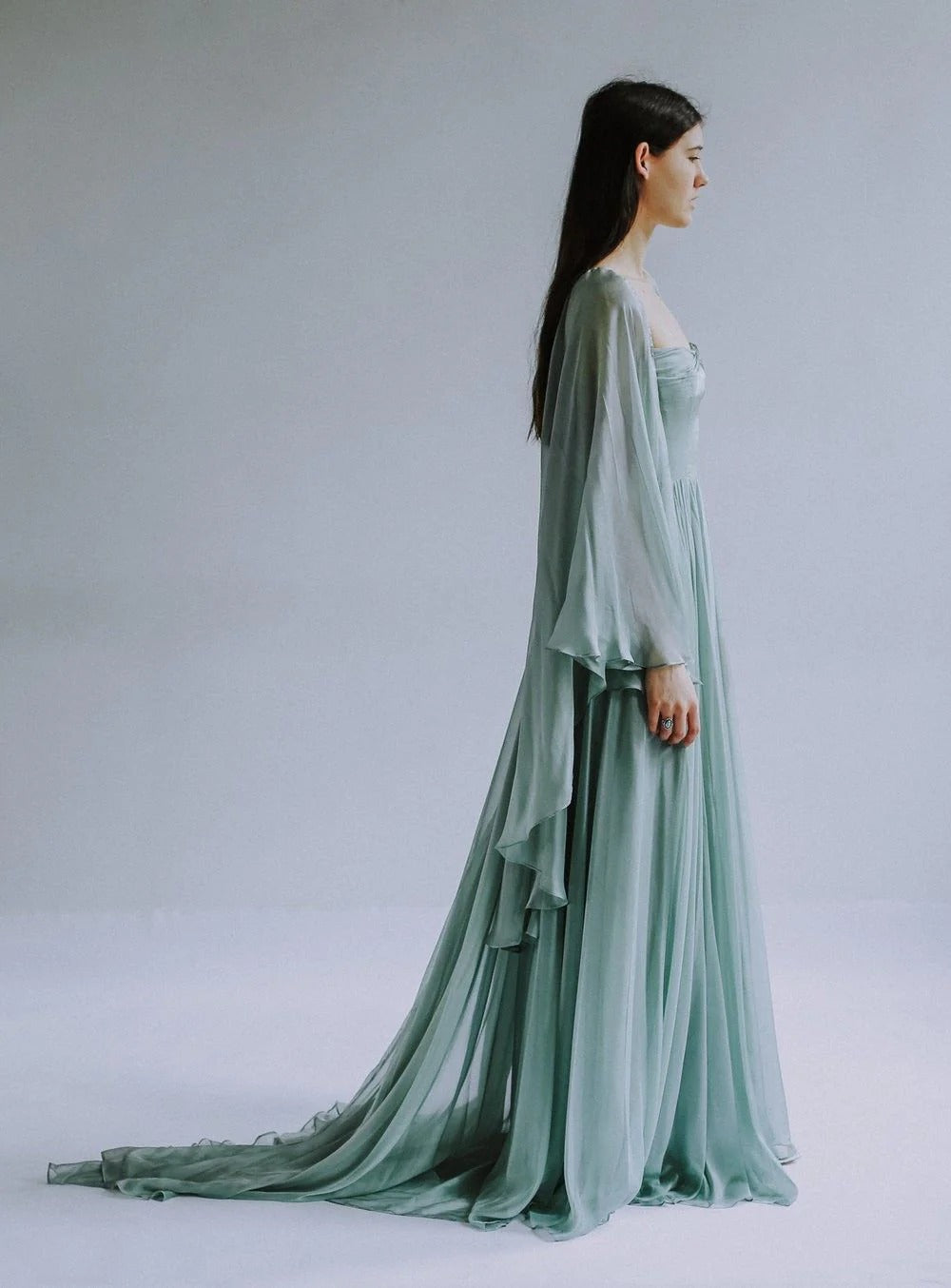 Sage Green Chiffon Square Neck Cape Sleeve Train Gown – Bridesmaid Evening Dress