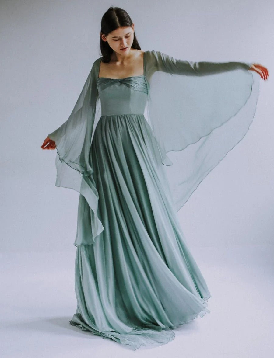Sage Green Chiffon Square Neck Cape Sleeve Train Gown – Bridesmaid Evening Dress