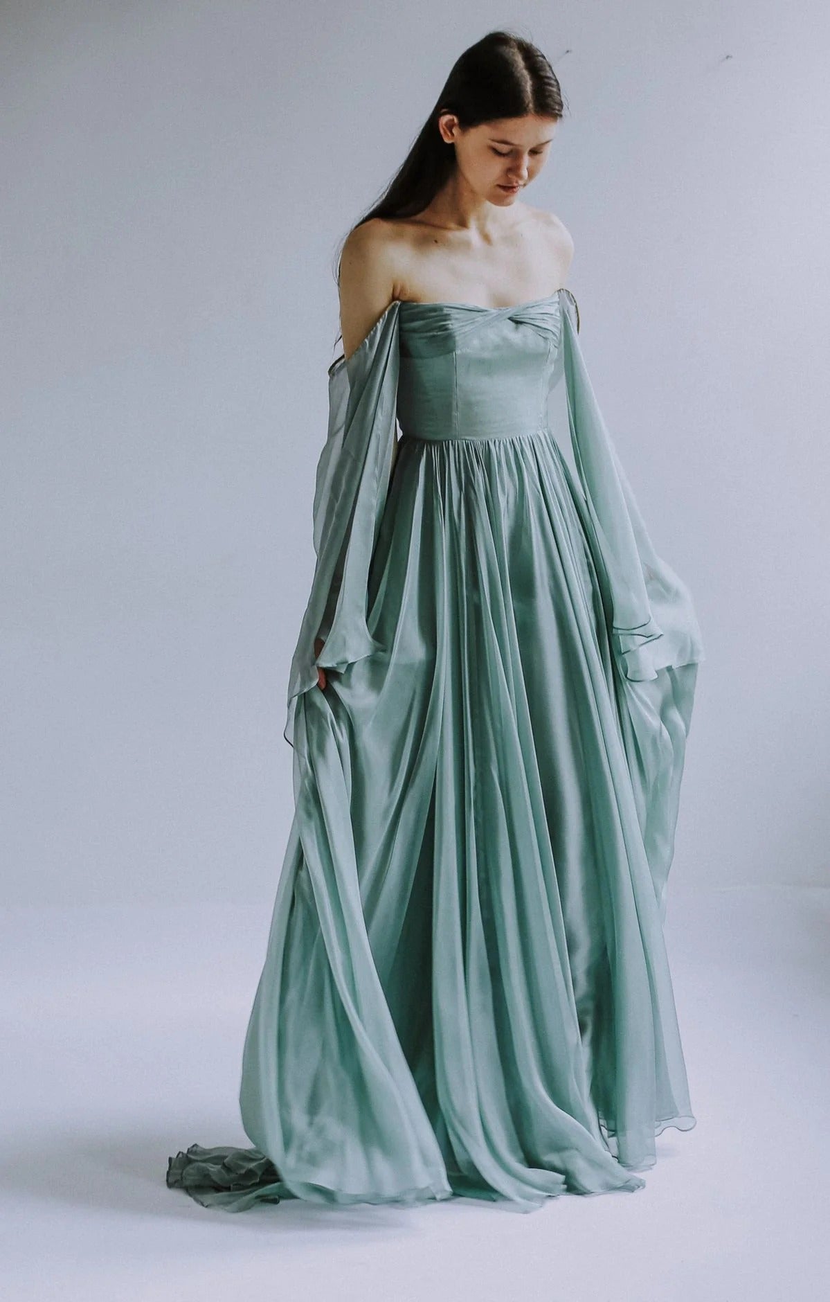 Sage Green Chiffon Square Neck Cape Sleeve Train Gown – Bridesmaid Evening Dress