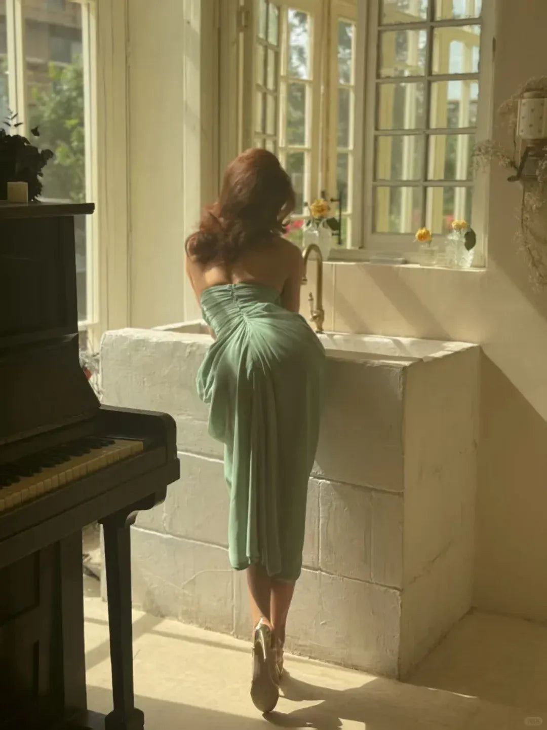 Sage Green Chiffon Strapless High-Slit Maxi Dress