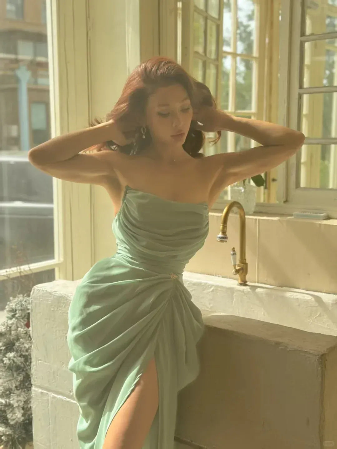 Sage Green Chiffon Strapless High-Slit Maxi Dress