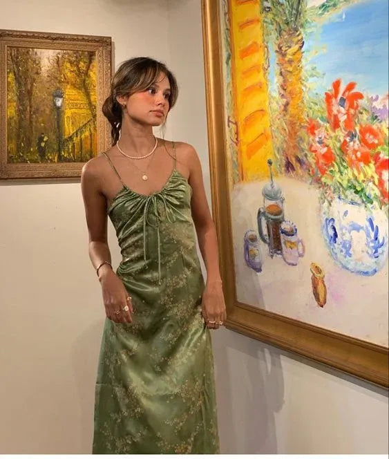 Sage Green Floral Satin Slip Dress – Spaghetti Strap Ruched Bust Midi Dress