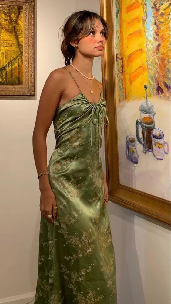 Sage Green Floral Satin Slip Dress – Spaghetti Strap Ruched Bust Midi Dress