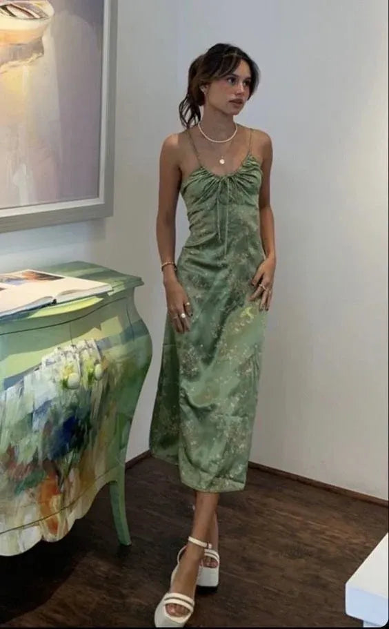 Sage Green Floral Satin Slip Dress – Spaghetti Strap Ruched Bust Midi Dress