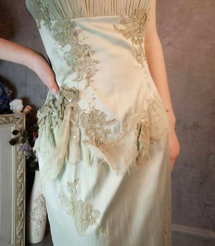Sage Green Lace Appliqué Midi Dress – Spaghetti Strap Satin Cocktail Evening Dress