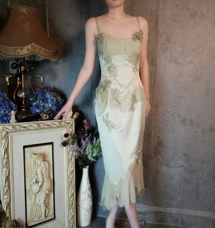 Sage Green Lace Appliqué Midi Dress – Spaghetti Strap Satin Cocktail Evening Dress