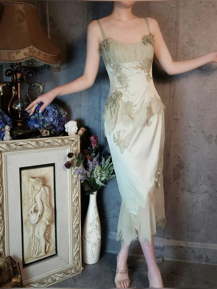 Sage Green Lace Appliqué Midi Dress – Spaghetti Strap Satin Cocktail Evening Dress