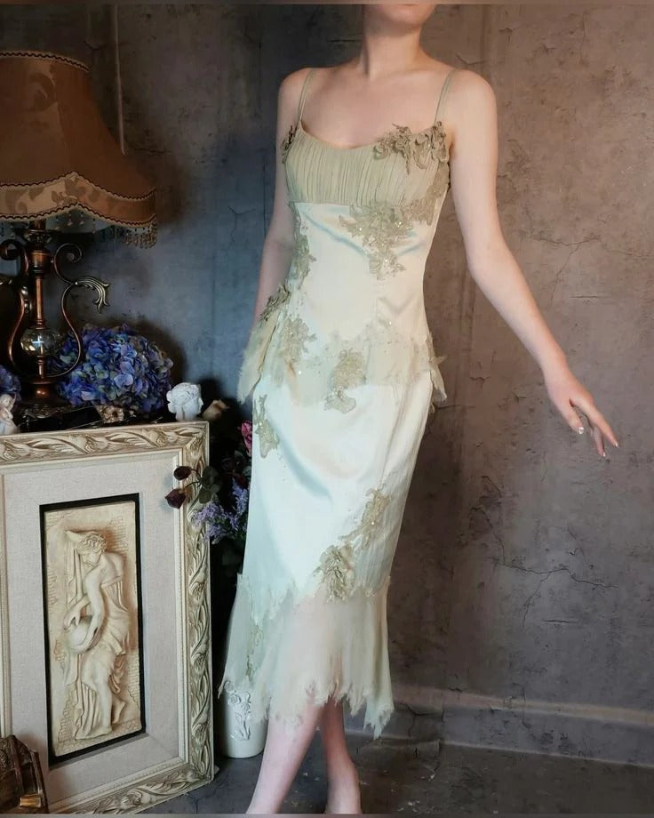 Sage Green Lace Appliqué Midi Dress – Spaghetti Strap Satin Cocktail Evening Dress