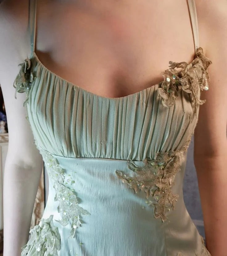 Sage Green Lace Appliqué Midi Dress – Spaghetti Strap Satin Cocktail Evening Dress