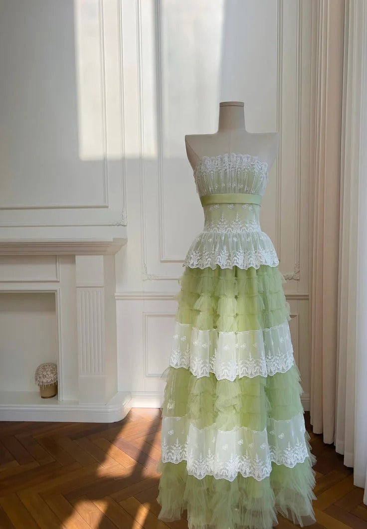 Sage Green Lace & Tulle Strapless Gown – Tiered Ruffle Formal Prom Dress