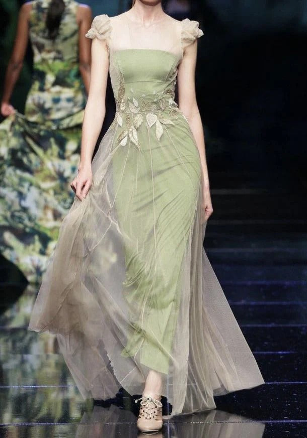 Sage Green Leaf Appliqué Tulle Evening Gown – Sheer Cap Sleeve Formal Dress