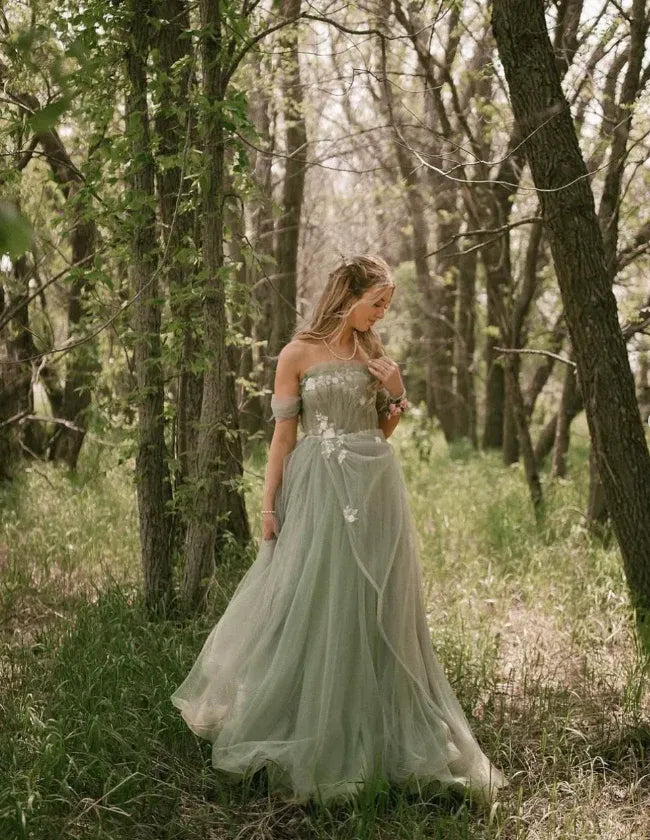 Sage Green Off-The-Shoulder Floral Lace Tulle Maxi Gown