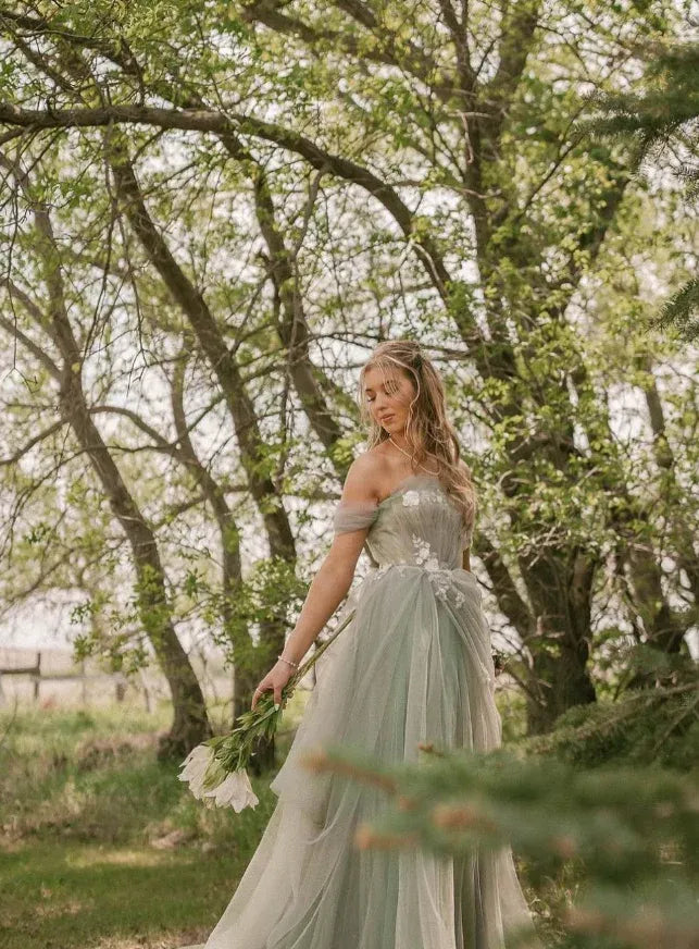 Sage Green Off-The-Shoulder Floral Lace Tulle Maxi Gown