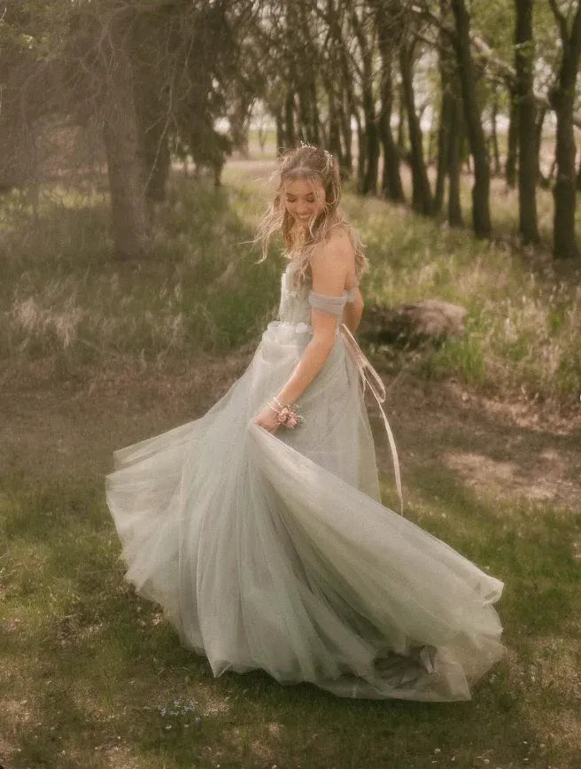 Sage Green Off-The-Shoulder Floral Lace Tulle Maxi Gown