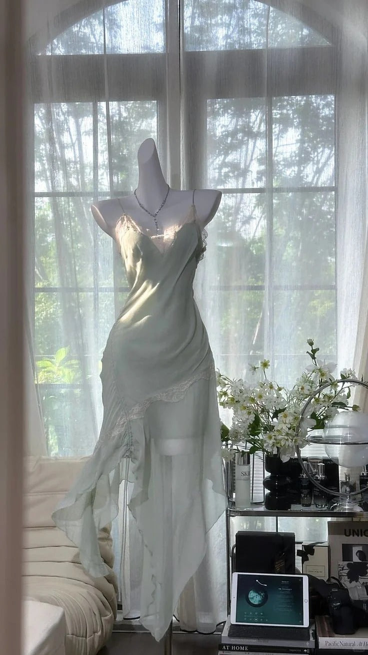 Sage Green Ruched Midi Dress – Lace Trim High-Low Hem Formal Gown