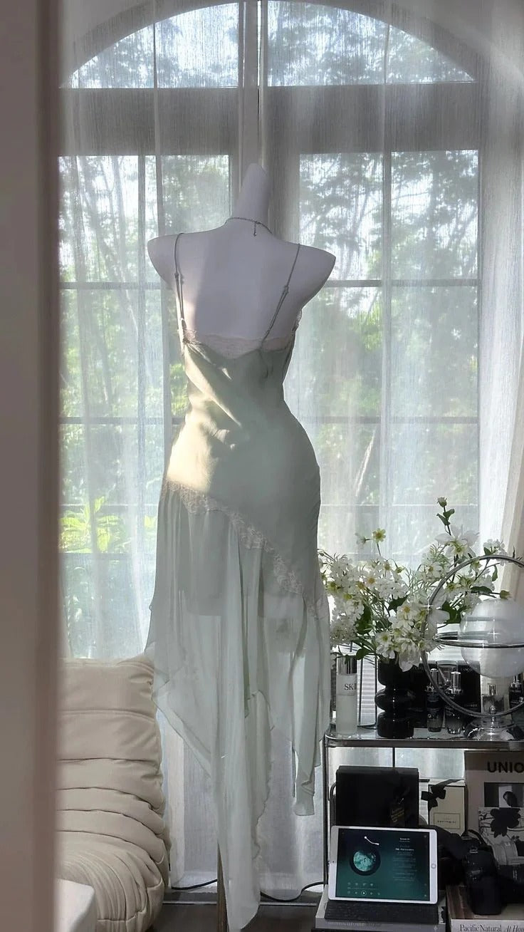 Sage Green Ruched Midi Dress – Lace Trim High-Low Hem Formal Gown