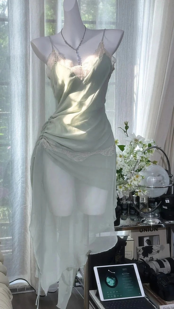 Sage Green Ruched Midi Dress – Lace Trim High-Low Hem Formal Gown