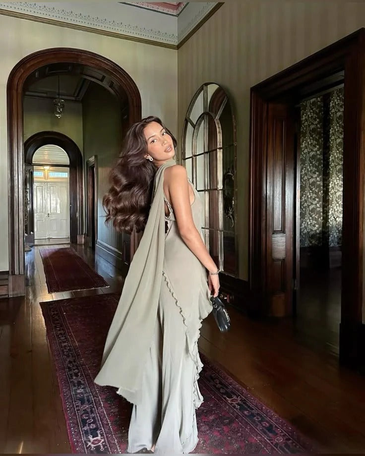 Sage Green Ruffle Halter Neck Cutout Backless Maxi Dress