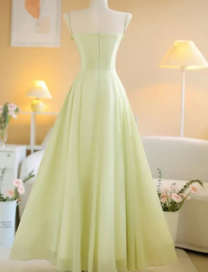 Sage Green Ruffled A-Line Maxi Dress – Spaghetti Strap Chiffon Formal Evening Gown