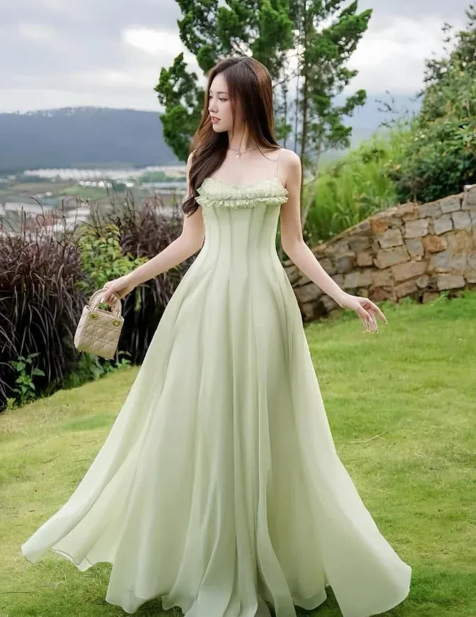 Sage Green Ruffled A-Line Maxi Dress – Spaghetti Strap Chiffon Formal Evening Gown
