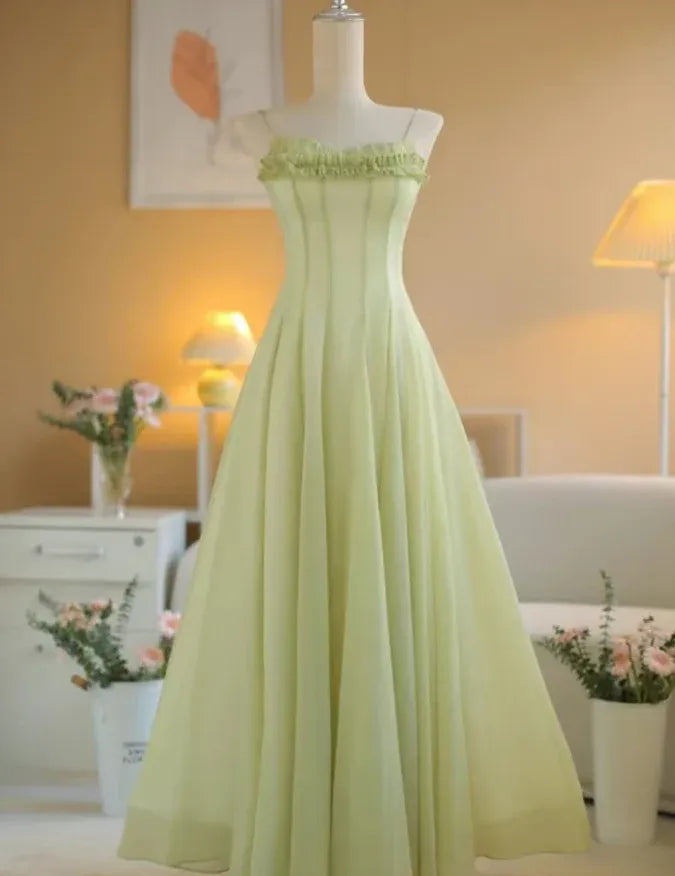 Sage Green Ruffled A-Line Maxi Dress – Spaghetti Strap Chiffon Formal Evening Gown