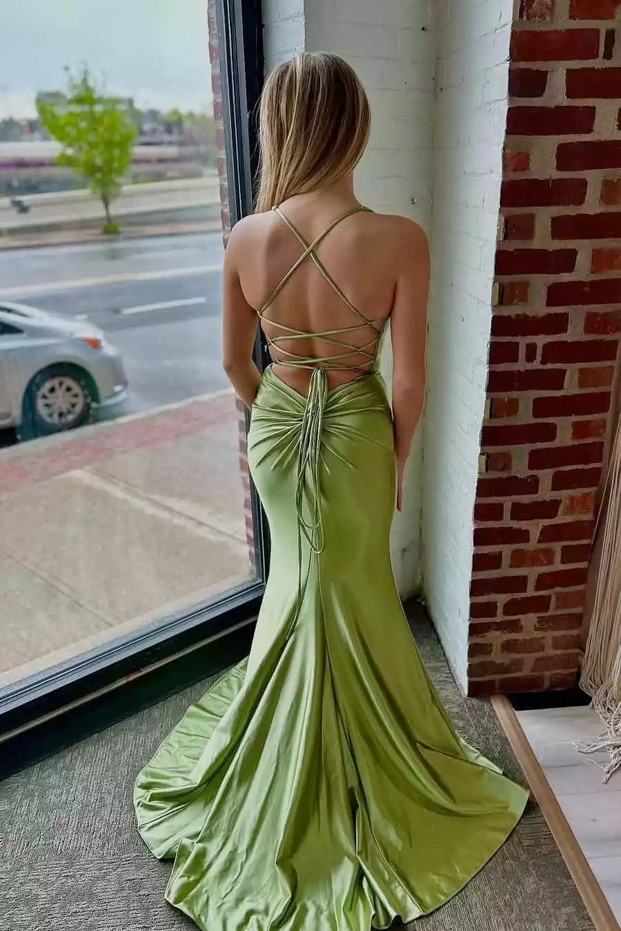 Sage Green Satin Crisscross-Back Mermaid Gown – Elegant & Refined Evening Party Dress