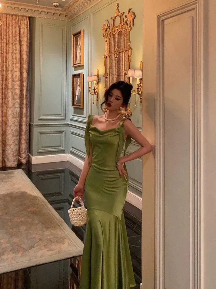 Sage Green Satin Mermaid Gown – Cowl Neck Tie-Strap Formal Dress