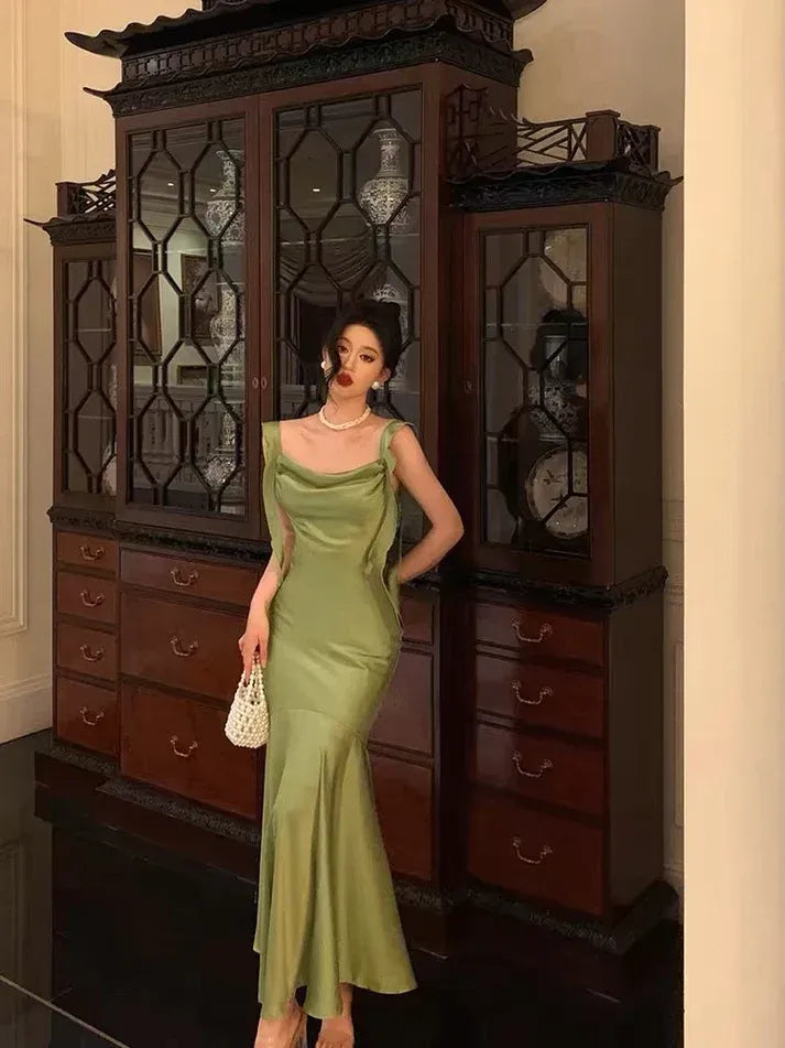 Sage Green Satin Mermaid Gown – Cowl Neck Tie-Strap Formal Dress
