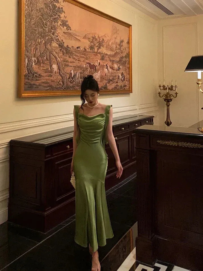 Sage Green Satin Mermaid Gown – Cowl Neck Tie-Strap Formal Dress