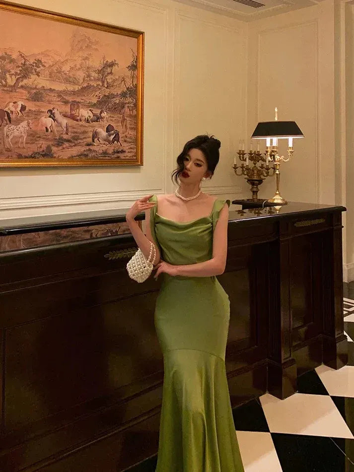 Sage Green Satin Mermaid Gown – Cowl Neck Tie-Strap Formal Dress