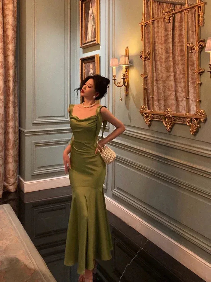 Sage Green Satin Mermaid Gown – Cowl Neck Tie-Strap Formal Dress