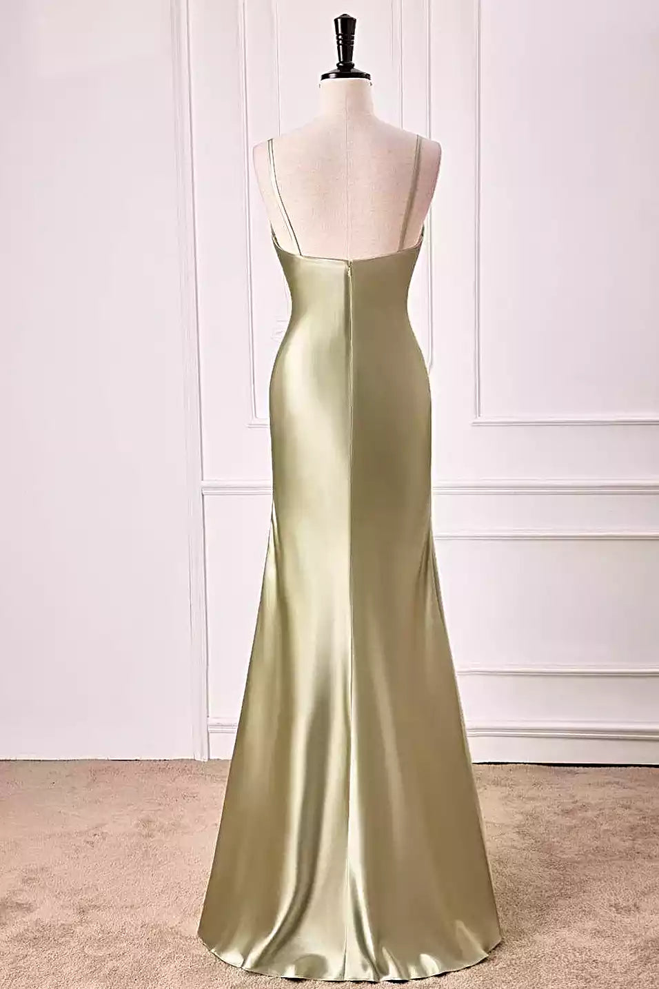 Sage Green Satin Spaghetti-Strap Deep V Mermaid Gown – Sleek & Elegant Evening Party Dress