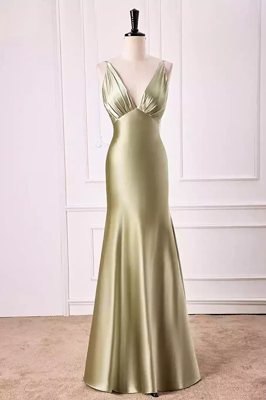 Sage Green Satin Spaghetti-Strap Deep V Mermaid Gown – Sleek & Elegant Evening Party Dress