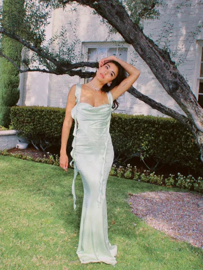 Sage Green Spaghetti Strap Sweetheart Open Back Satin Mermaid Maxi Gown with Train