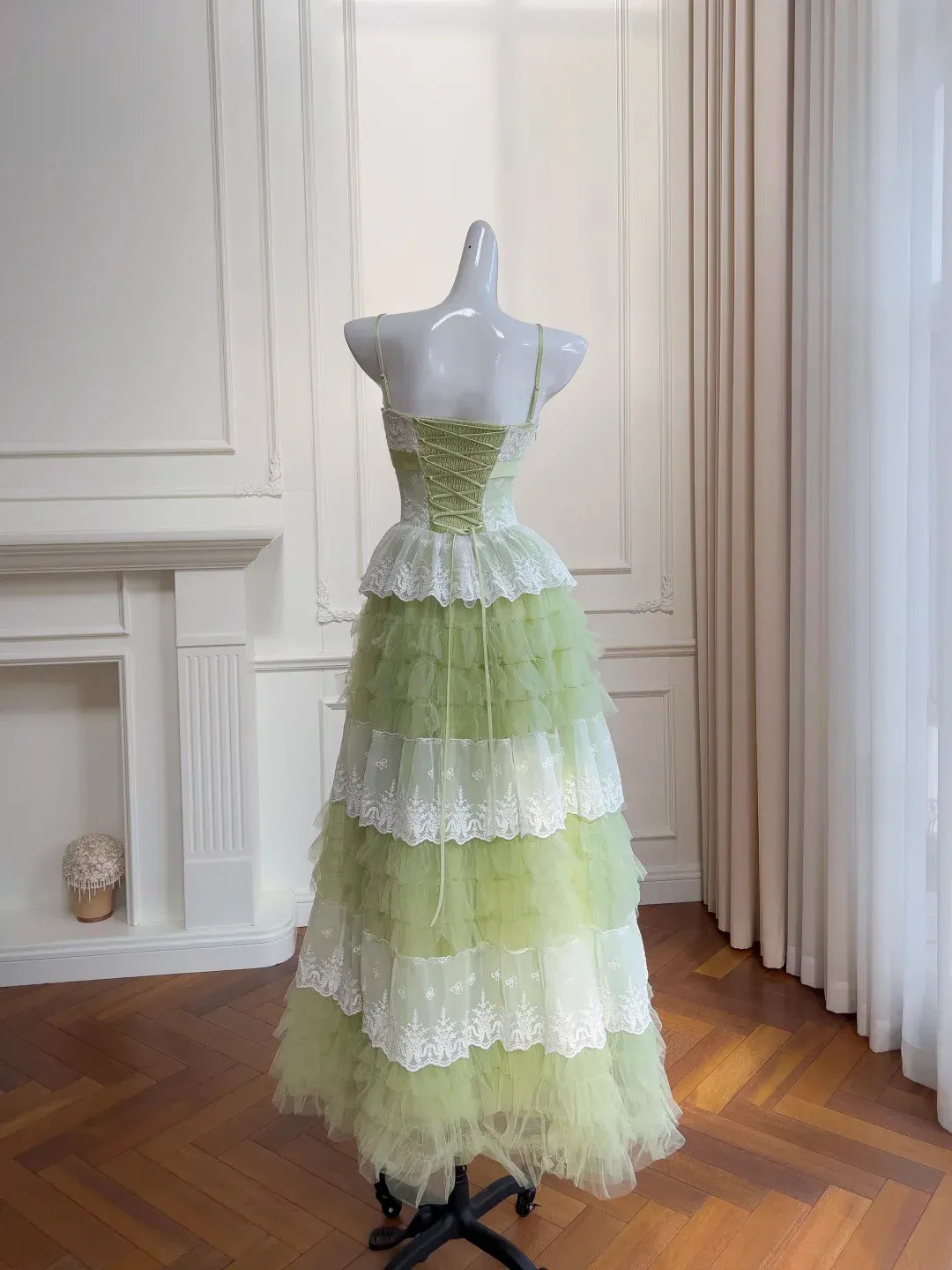 Sage Green Spaghetti Strap Tiered Ruffle Tulle Gown with White Lace Trim