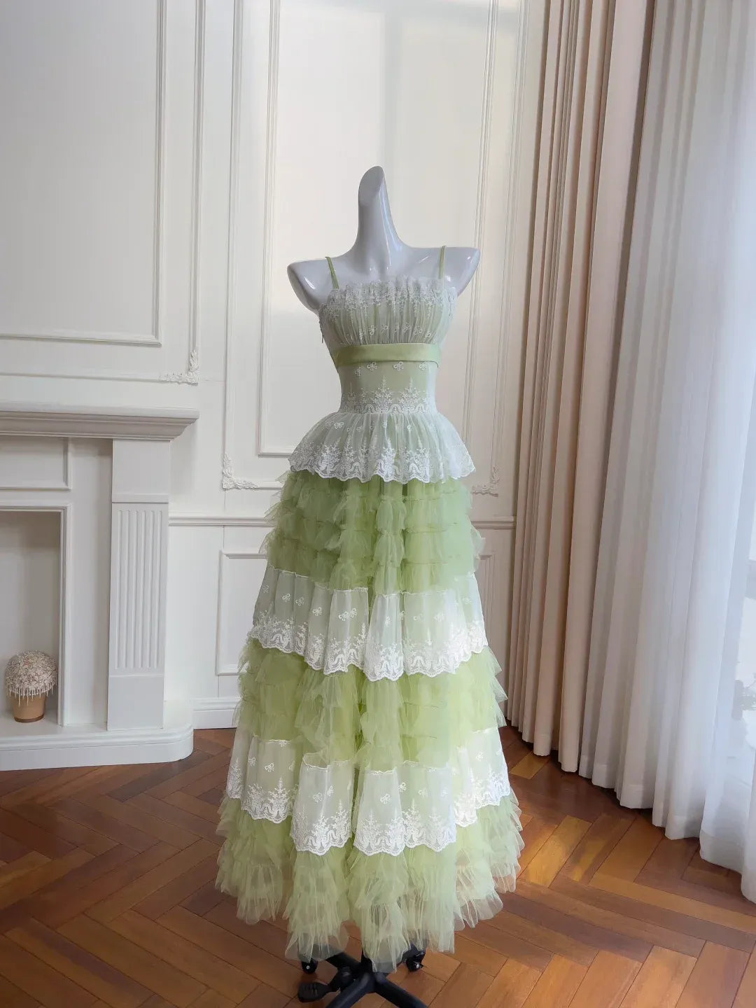 Sage Green Spaghetti Strap Tiered Ruffle Tulle Gown with White Lace Trim
