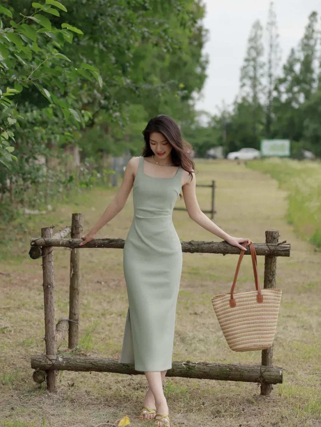 Sage Green Square Neck Ruched Midi Dress with Slit