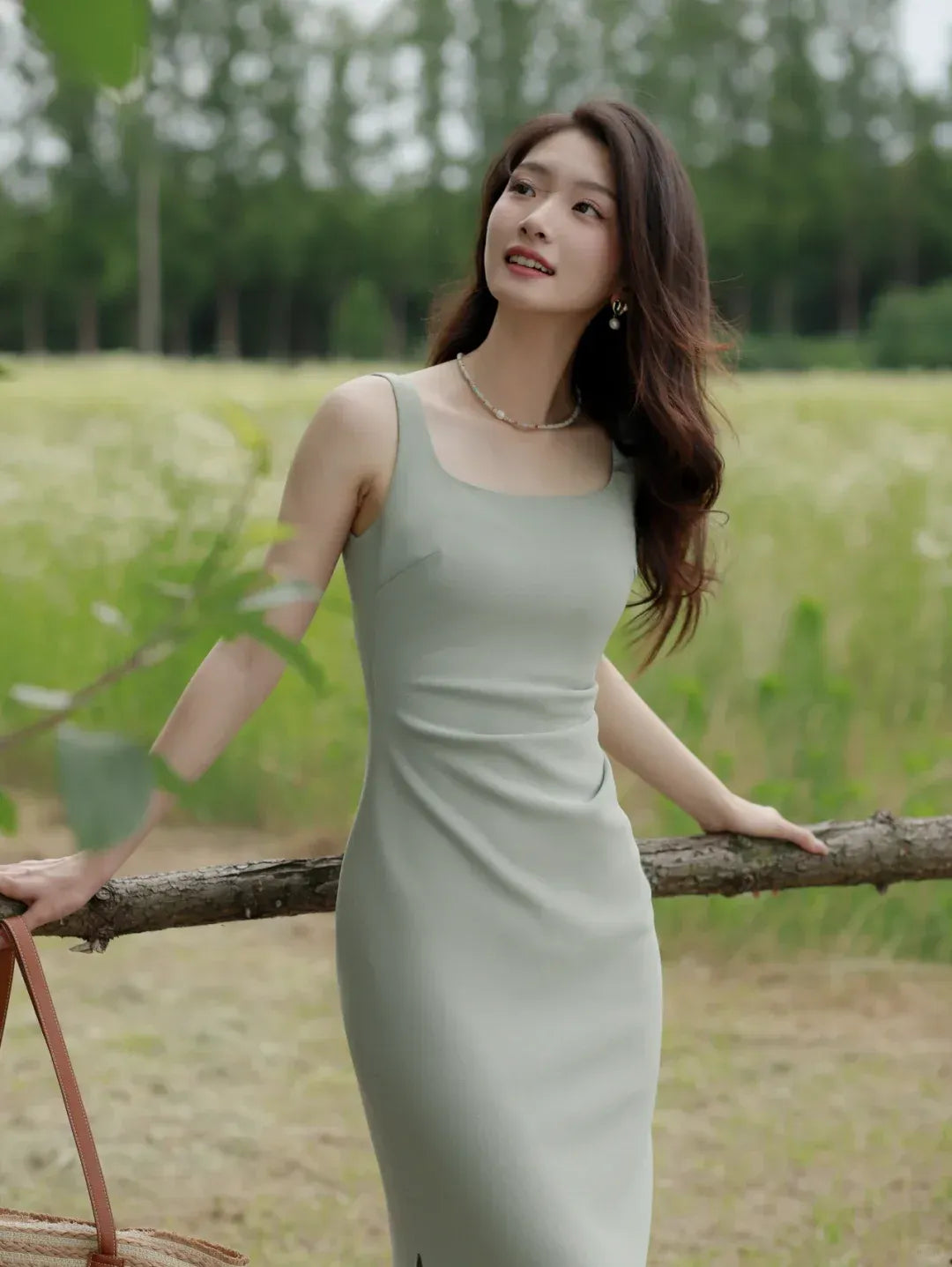 Sage Green Square Neck Ruched Midi Dress with Slit