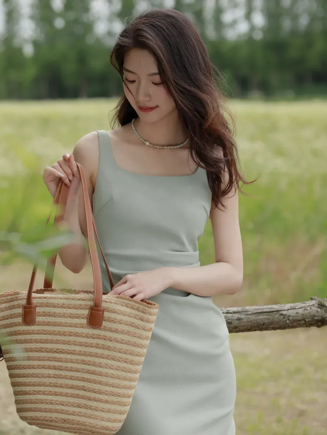 Sage Green Square Neck Ruched Midi Dress with Slit