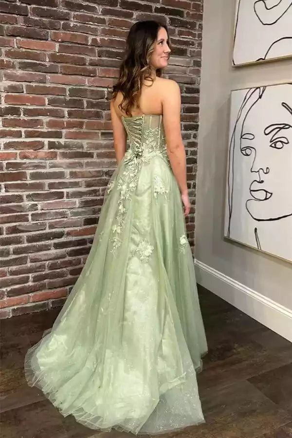 Sage Green Strapless Floral-Embellished Tulle Slit Gown – Ethereal & Romantic Evening Party Dress