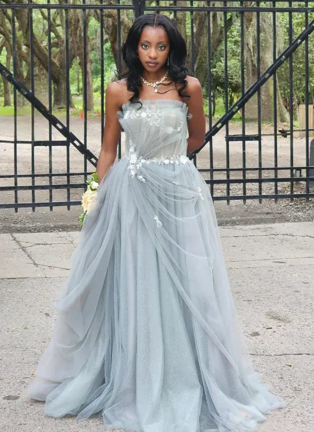 Sage Green Strapless Sweetheart Floral Lace Tulle Maxi Gown with Train
