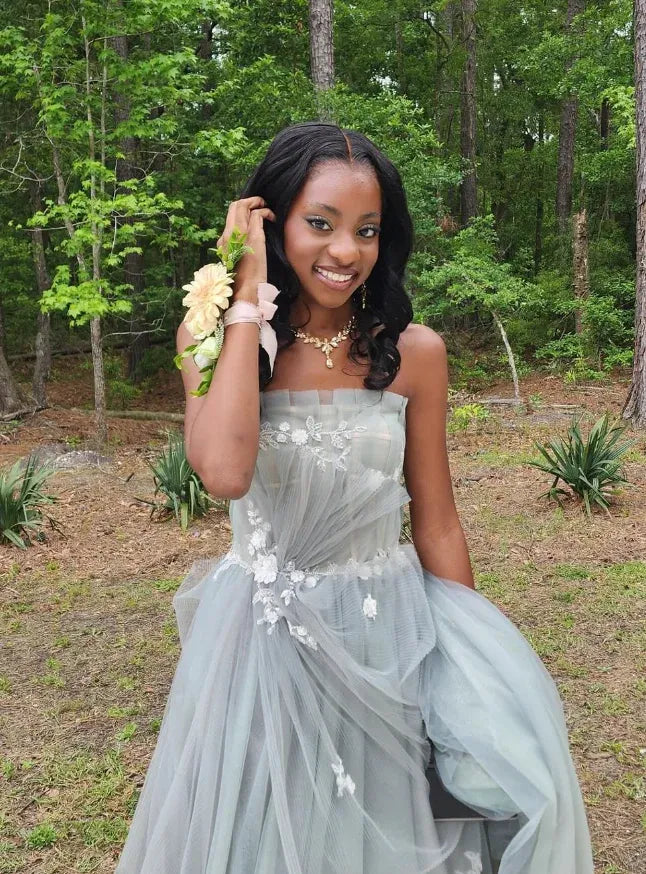 Sage Green Strapless Sweetheart Floral Lace Tulle Maxi Gown with Train