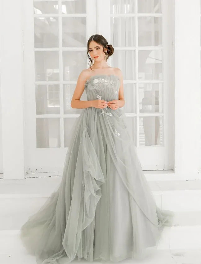 Sage Green Strapless Sweetheart Floral Lace Tulle Maxi Gown with Train