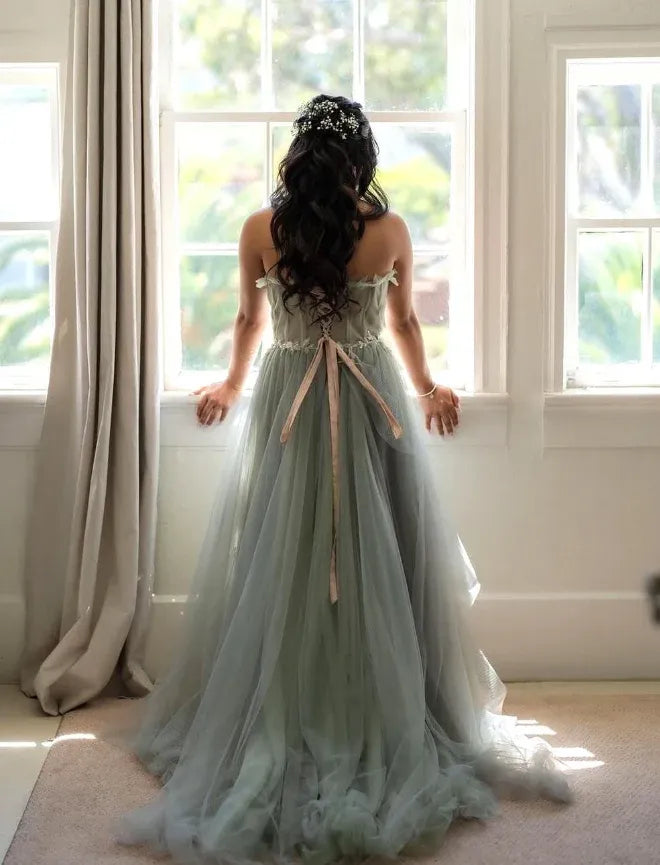 Sage Green Strapless Sweetheart Floral Lace Tulle Maxi Gown with Train