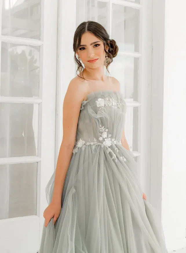 Sage Green Strapless Sweetheart Floral Lace Tulle Maxi Gown with Train