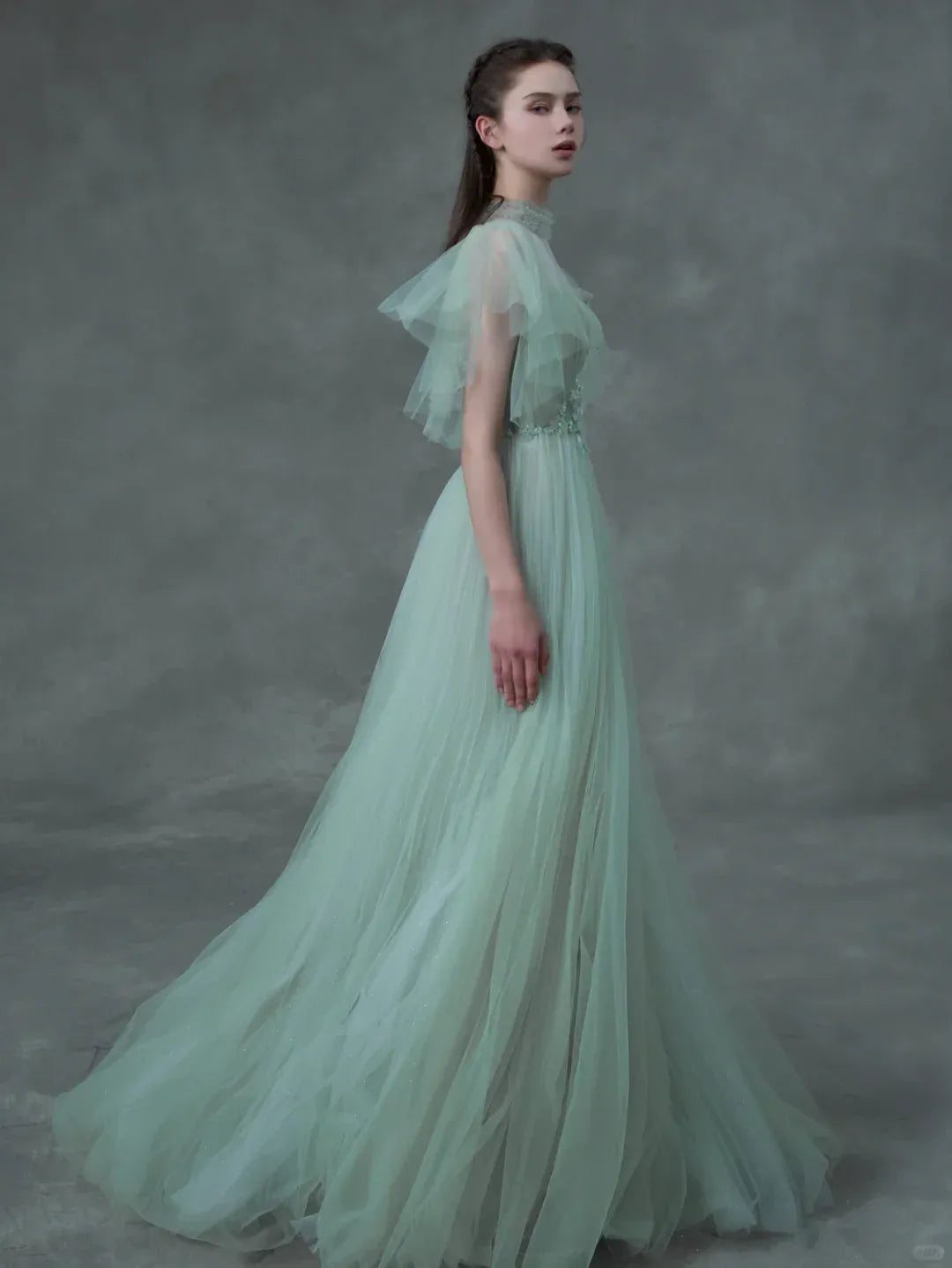 Sage Green Tulle High-Low Gown – Ruffle Sleeve Embellished Formal Dress